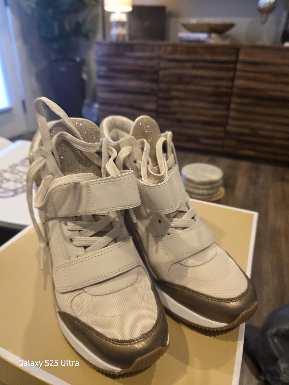 Michael Kors Cream and Gold High-Top Sneakers with Strap